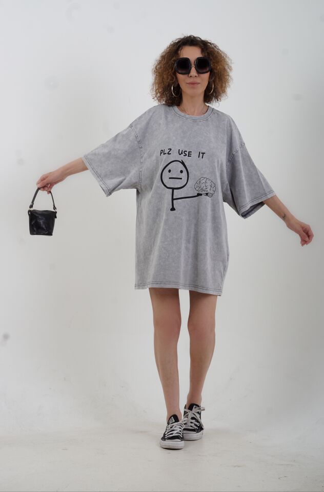 Gri Pls Use It Baskılı Soluk Efektli Oversize Tshirt