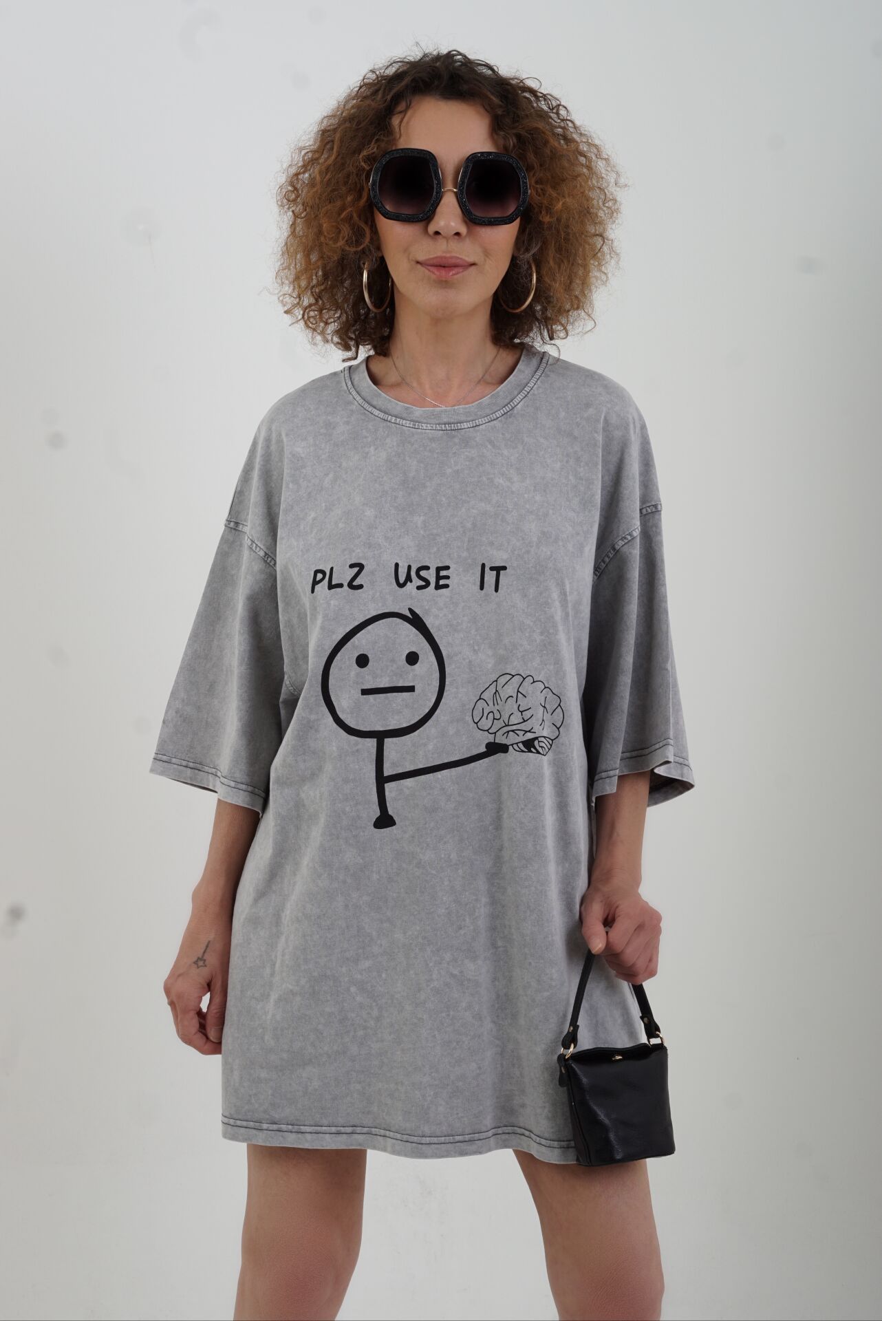 Gri Pls Use It Baskılı Soluk Efektli Oversize Tshirt