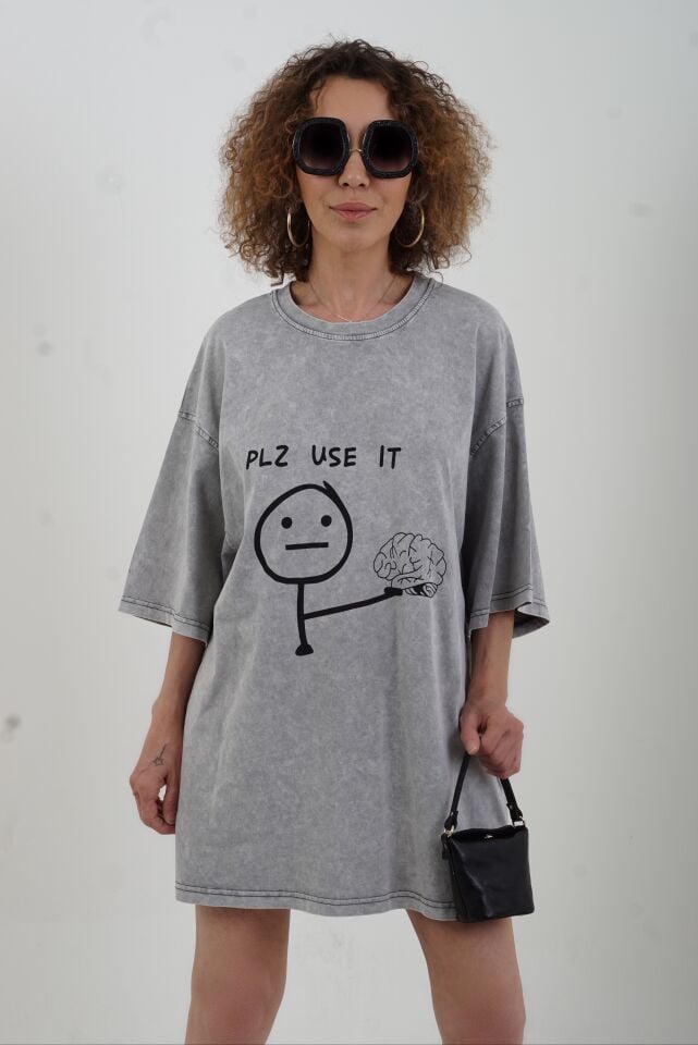 Gri Pls Use It Baskılı Soluk Efektli Oversize Tshirt