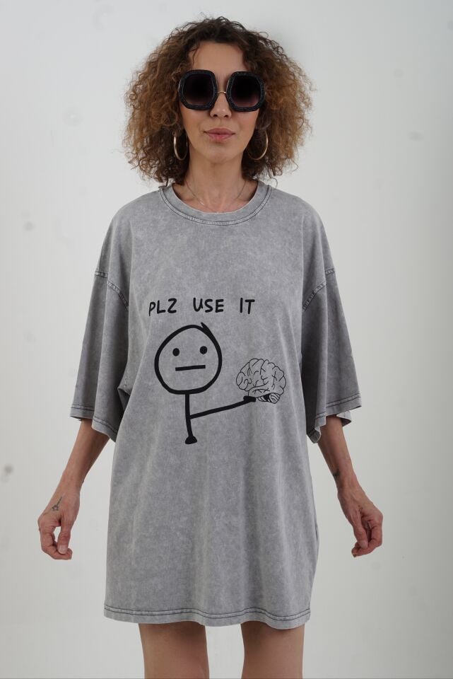 Gri Pls Use It Baskılı Soluk Efektli Oversize Tshirt