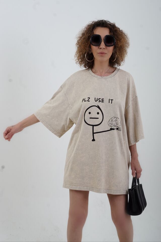 Taş Pls Use It Baskılı Soluk Efektli Oversize Tshirt