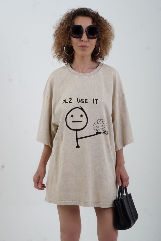 Taş Pls Use It Baskılı Soluk Efektli Oversize Tshirt