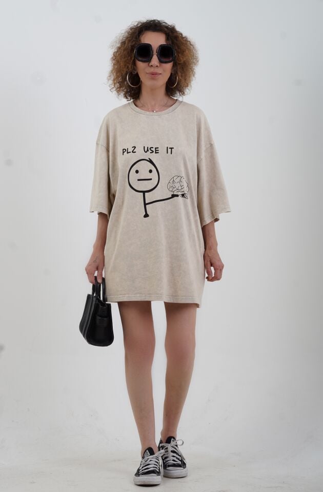 Taş Pls Use It Baskılı Soluk Efektli Oversize Tshirt