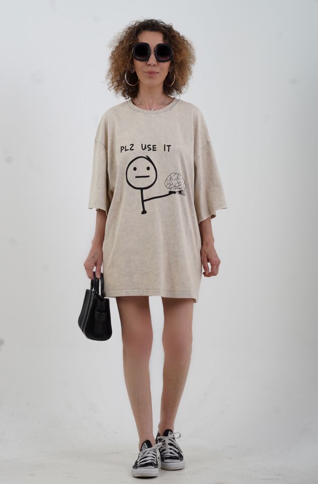 Taş Pls Use It Baskılı Soluk Efektli Oversize Tshirt