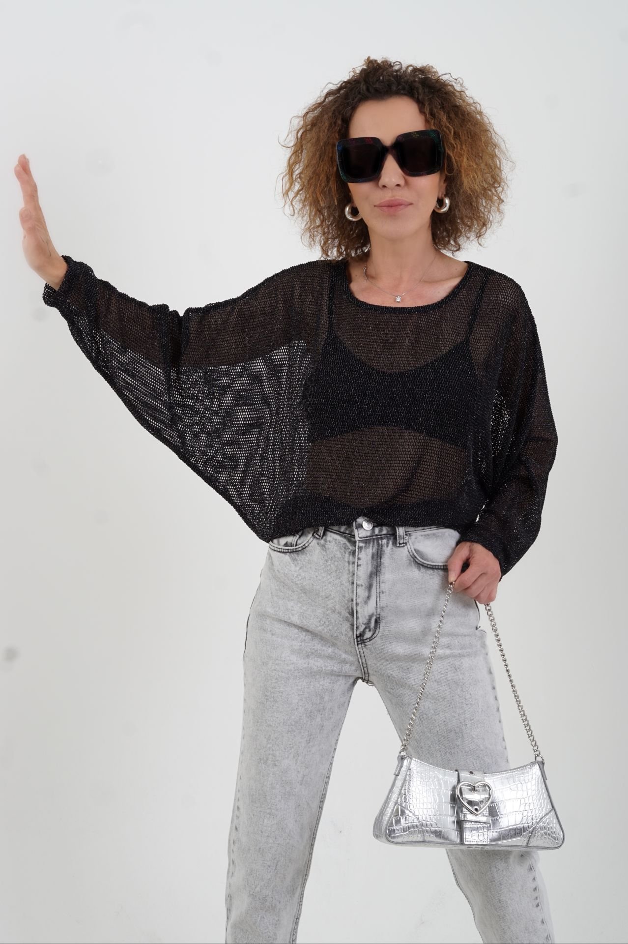 Siyah Gümüş Simli File Bluz