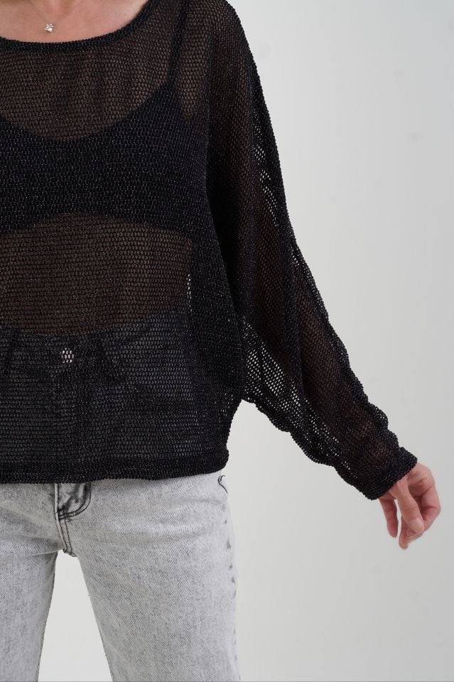 Siyah Gümüş Simli File Bluz