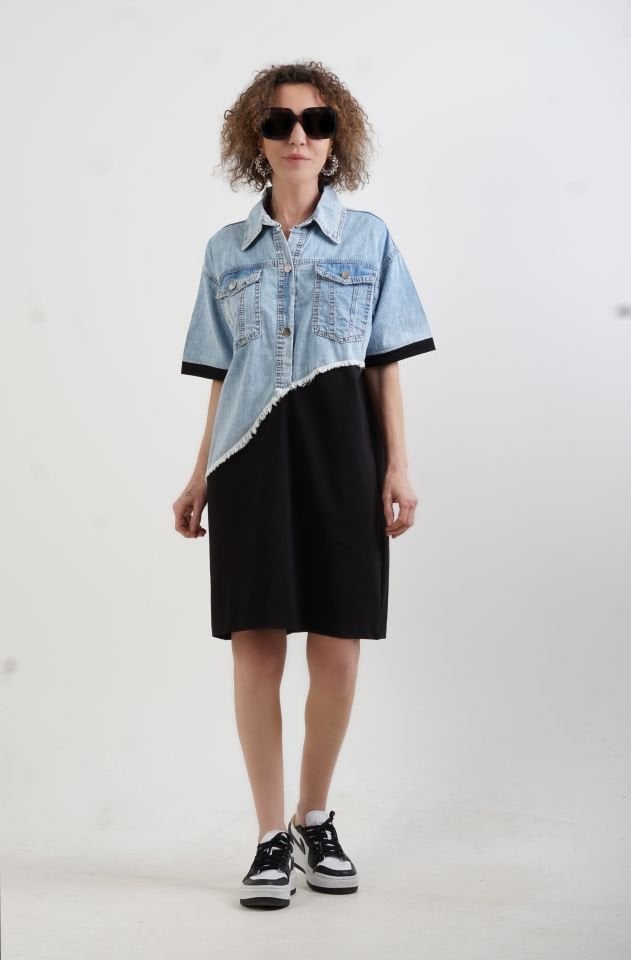 Siyah Asimetrik Denim İki İplik Mix Elbise