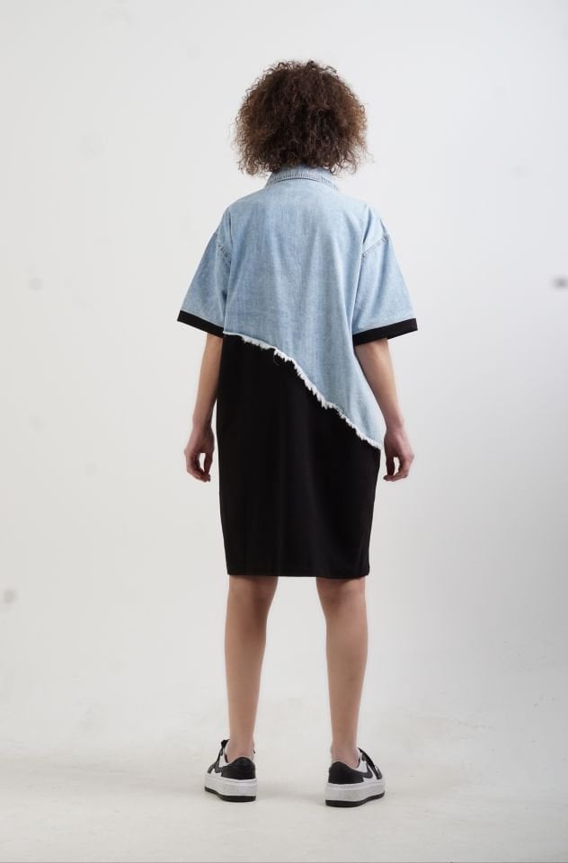 Siyah Asimetrik Denim İki İplik Mix Elbise