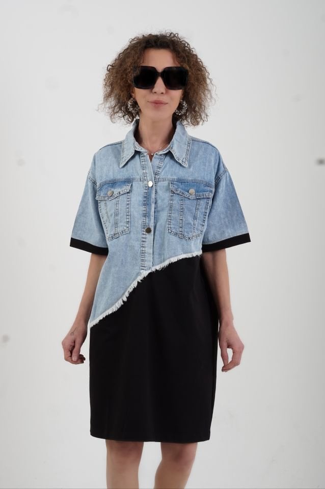 Siyah Asimetrik Denim İki İplik Mix Elbise