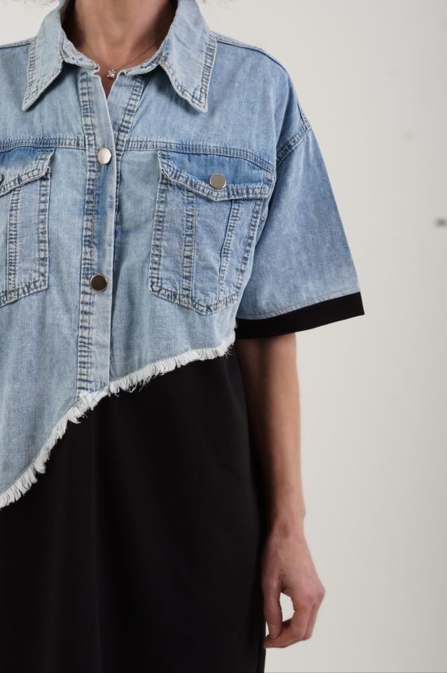Siyah Asimetrik Denim İki İplik Mix Elbise
