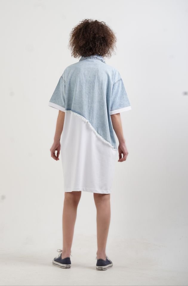 Beyaz Asimetrik Denim İki İplik Mix Elbise