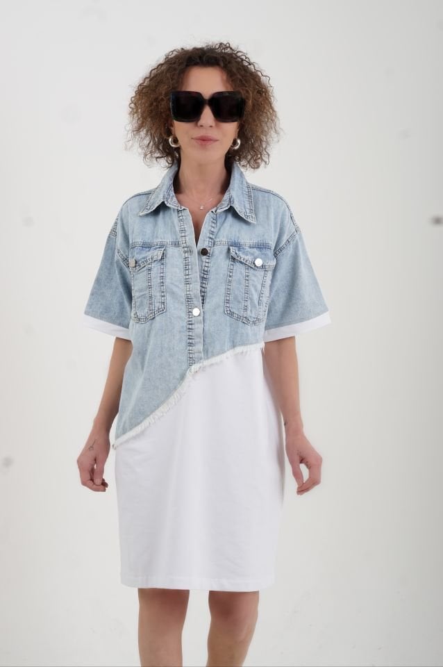 Beyaz Asimetrik Denim İki İplik Mix Elbise