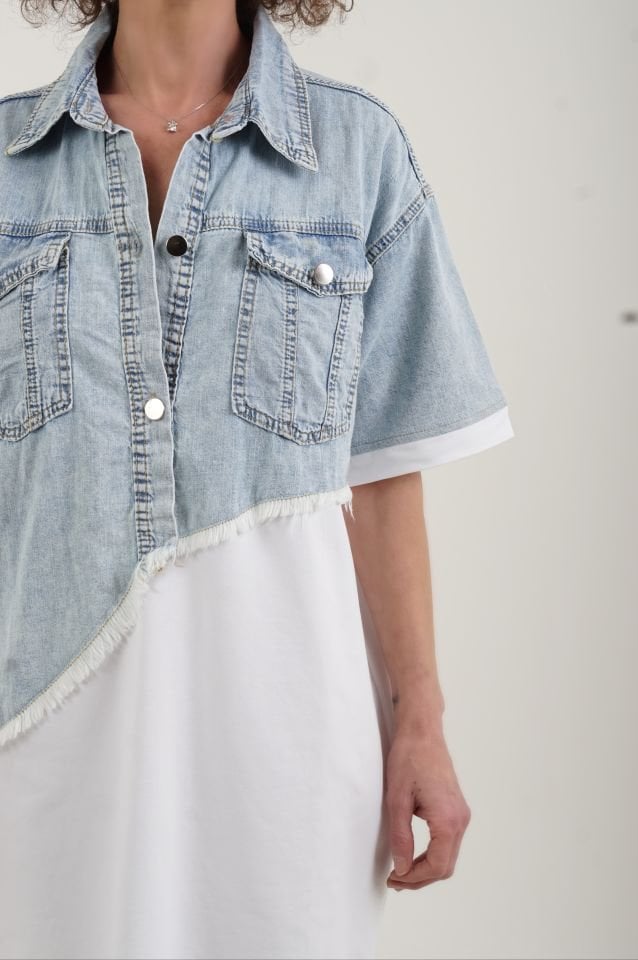 Beyaz Asimetrik Denim İki İplik Mix Elbise