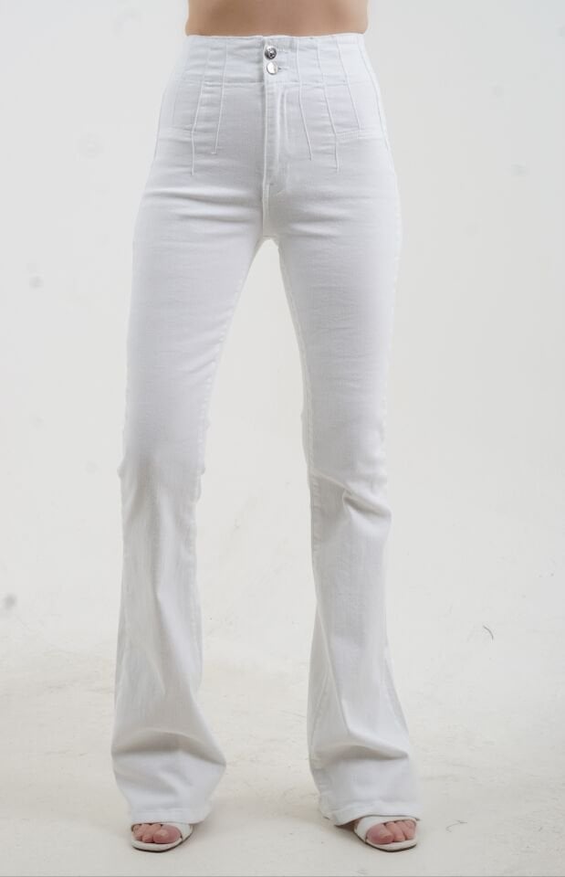Beyaz Pensli İspanyol Paça Denim Pantolon