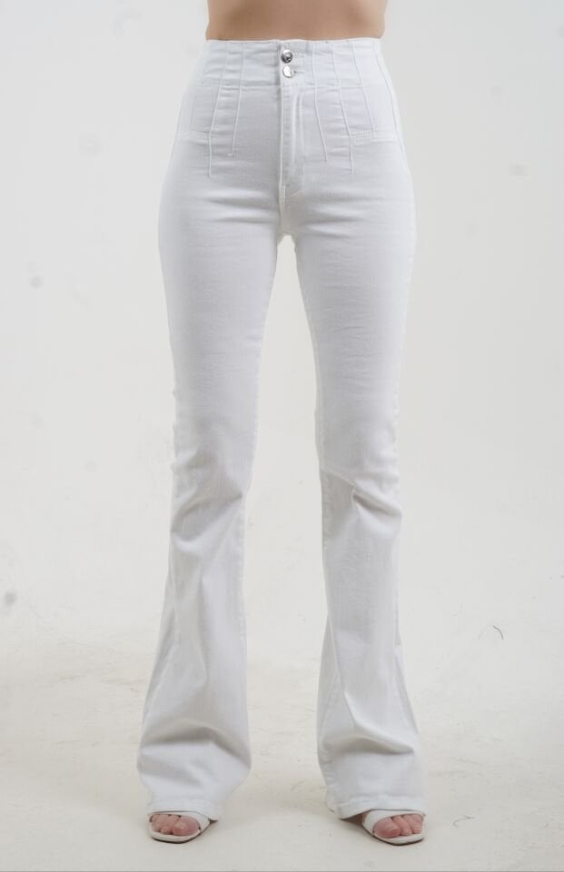 Beyaz Pensli İspanyol Paça Denim Pantolon