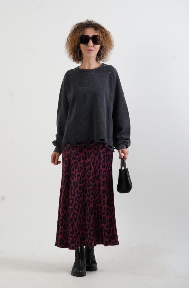 Antrasit Laser Cut Soluk Efekt Sweatshirt
