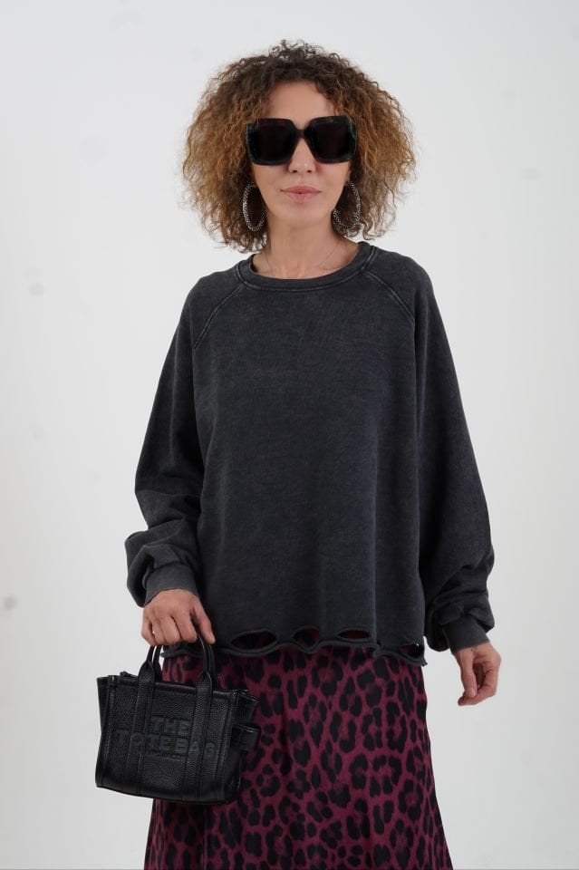Antrasit Laser Cut Soluk Efekt Sweatshirt