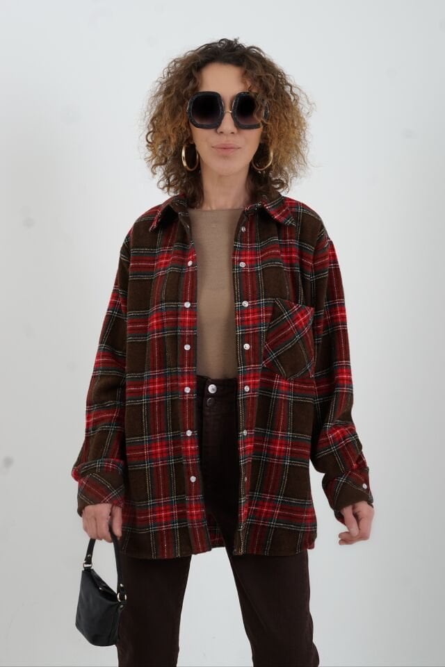Kahve Kırmızı Ekoseli  Oduncu Gömlek