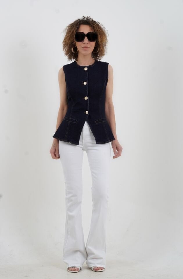 Lacivert Bele Oturan Düğmeli Denim Yelek