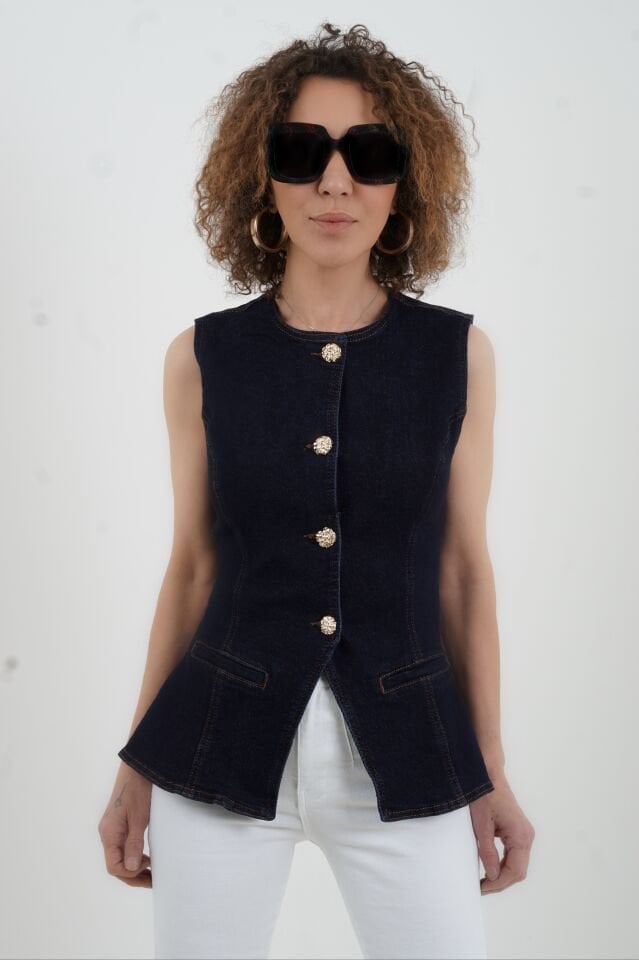 Lacivert Bele Oturan Düğmeli Denim Yelek