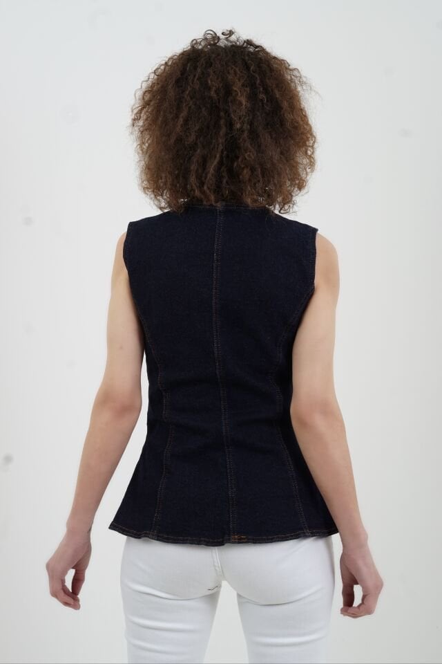 Lacivert Bele Oturan Düğmeli Denim Yelek