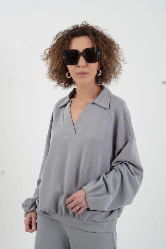 Gri  Modal Polo Yaka Sweat Geniş Paça Pant Eşofman Takım