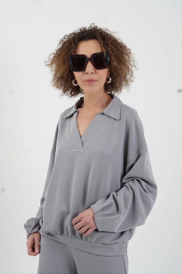 Gri  Modal Polo Yaka Sweat Geniş Paça Pant Eşofman Takım