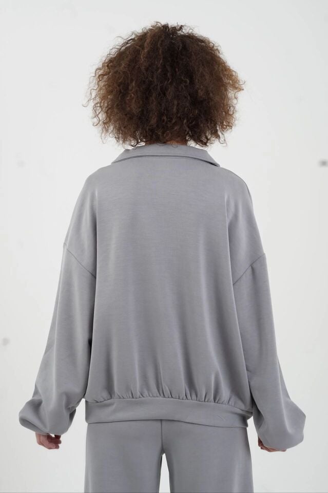 Gri  Modal Polo Yaka Sweat Geniş Paça Pant Eşofman Takım