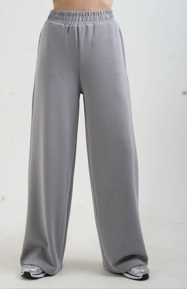 Gri  Modal Polo Yaka Sweat Geniş Paça Pant Eşofman Takım