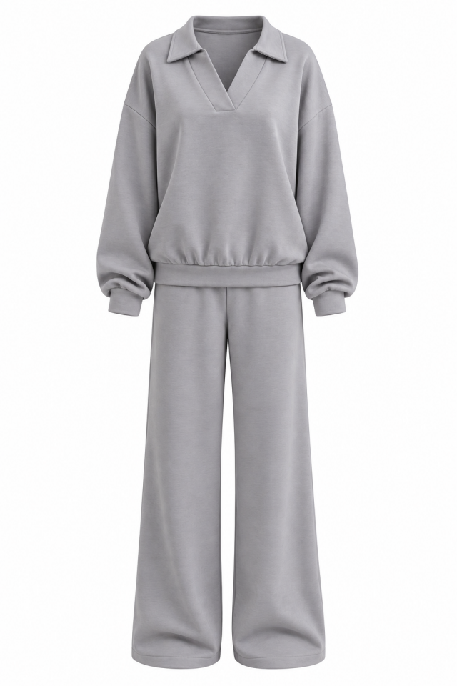 Gri  Modal Polo Yaka Sweat Geniş Paça Pant Eşofman Takım