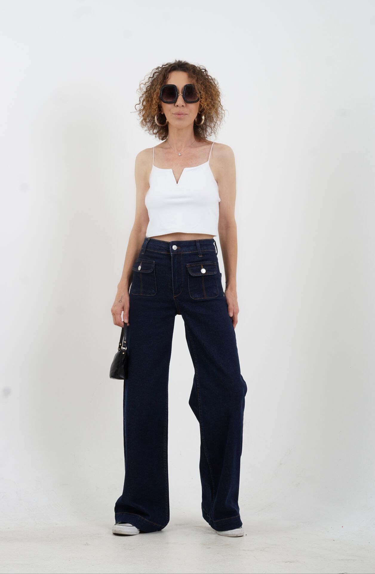 Lacivert Önden Cepli Geniş Paça Denim Pantolon