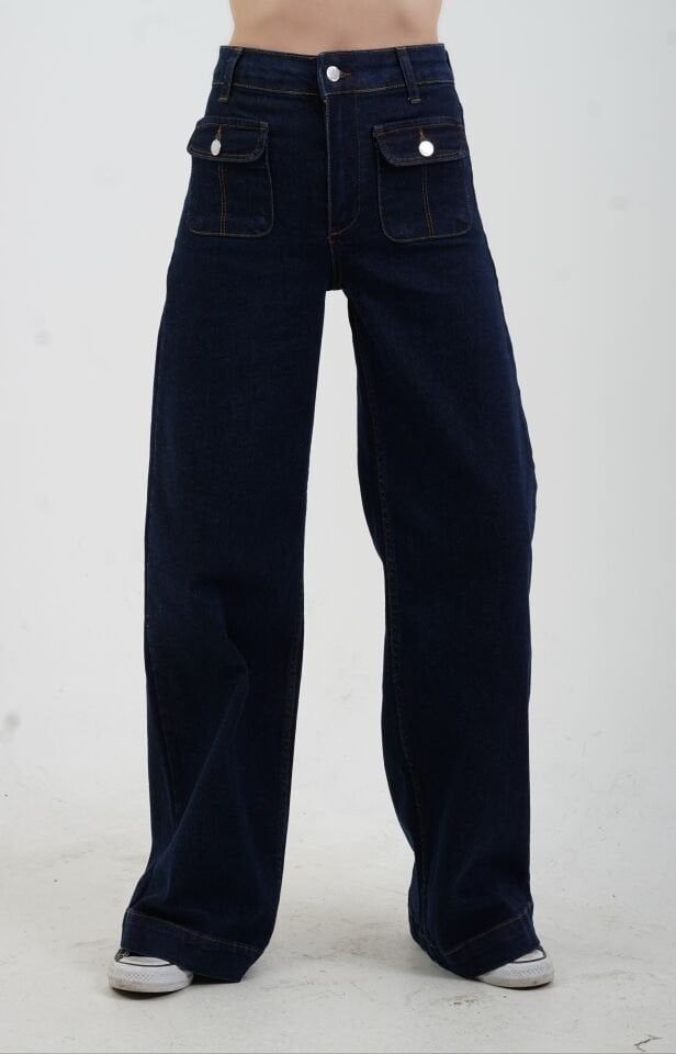 Lacivert Önden Cepli Geniş Paça Denim Pantolon