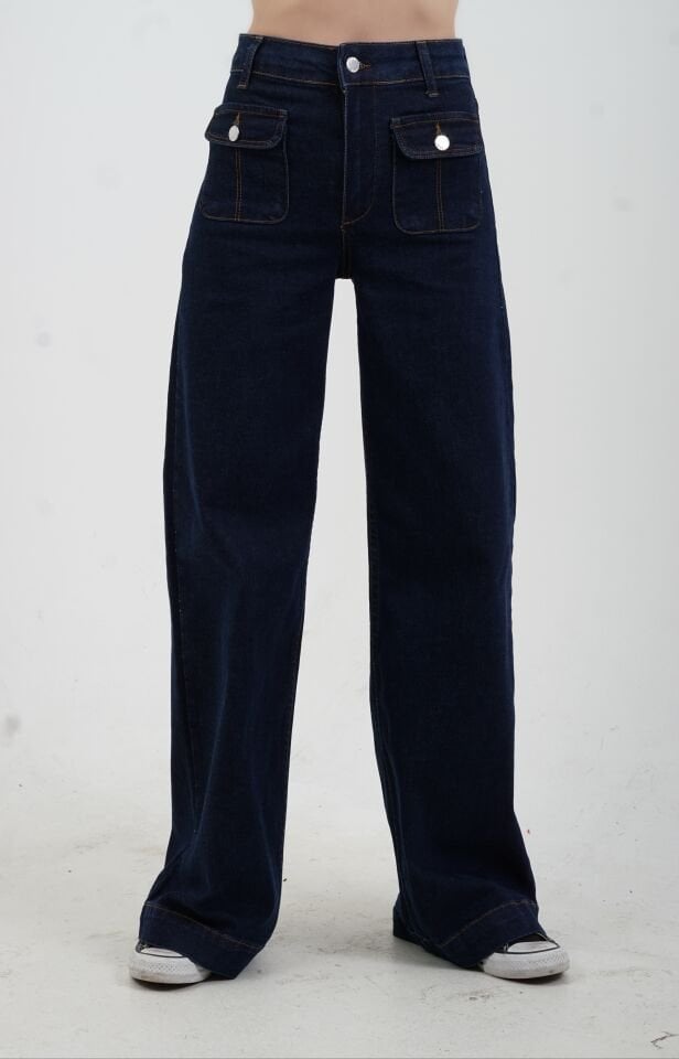 Lacivert Önden Cepli Geniş Paça Denim Pantolon