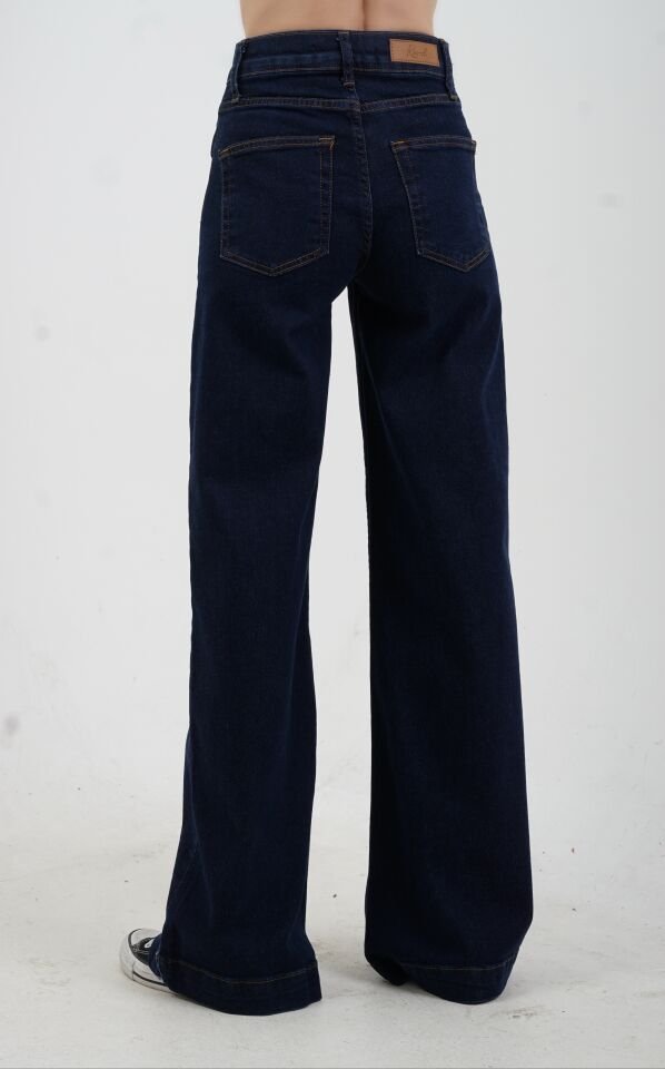 Lacivert Önden Cepli Geniş Paça Denim Pantolon