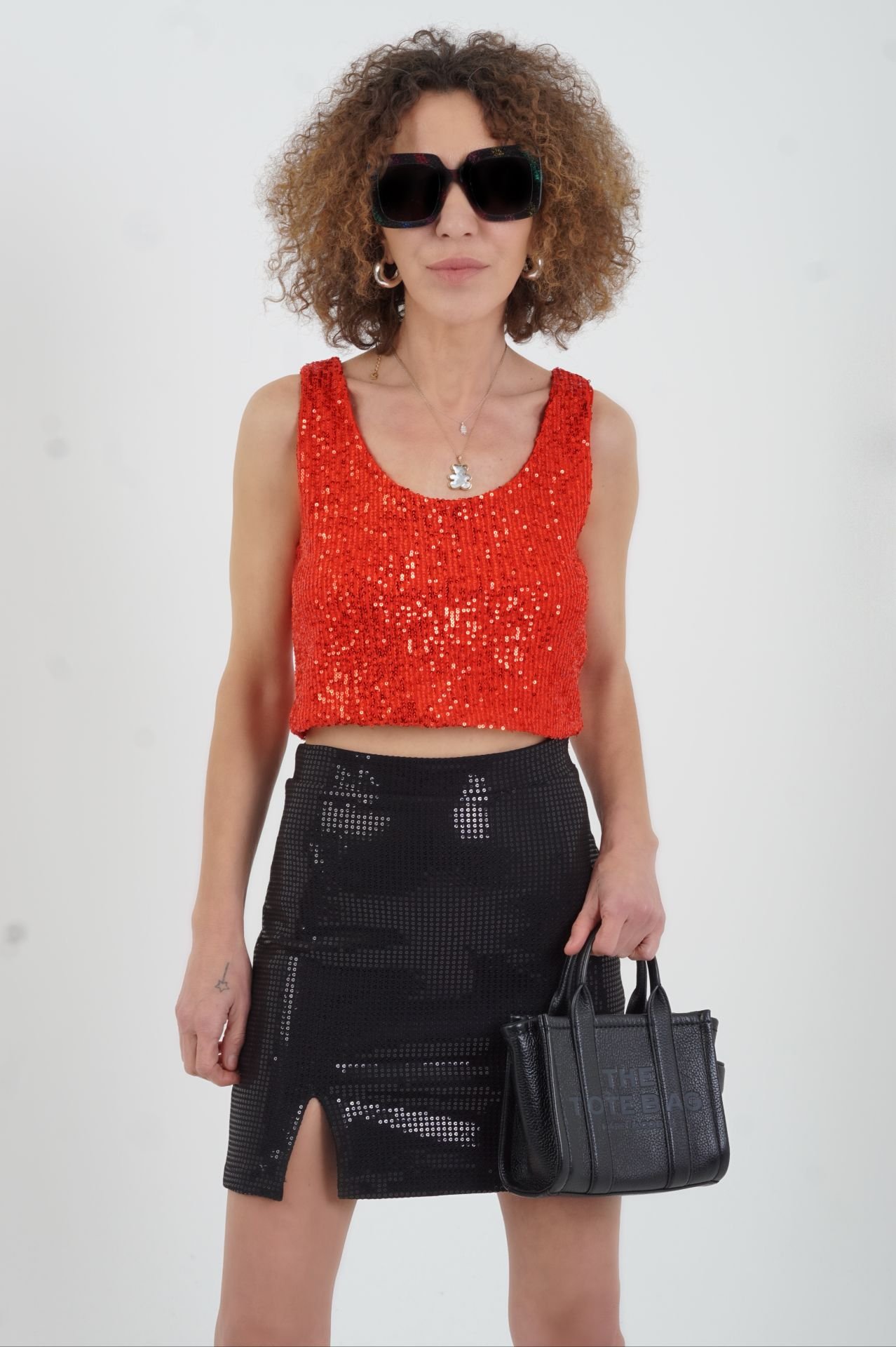 Kırmızı  Pul Payetli Crop Atlet