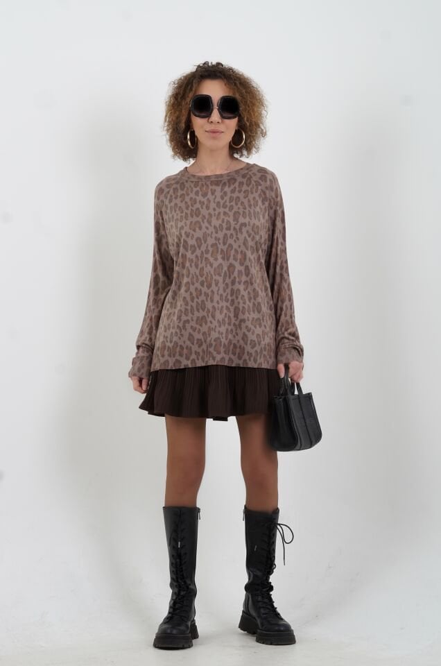 Vizon Bisiklet Yaka Leopar Baskılı Triko Kazak