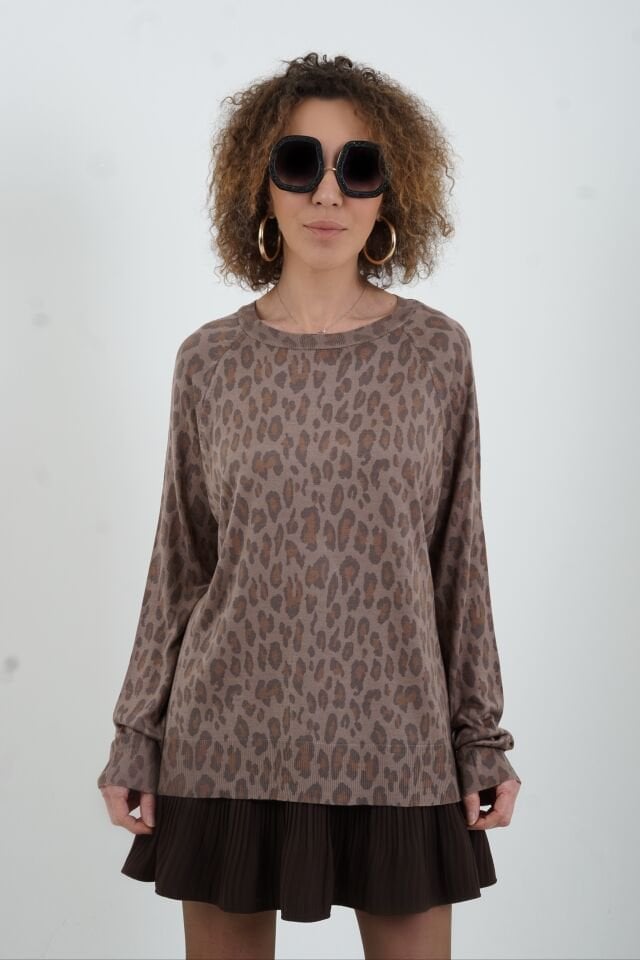 Vizon Bisiklet Yaka Leopar Baskılı Triko Kazak