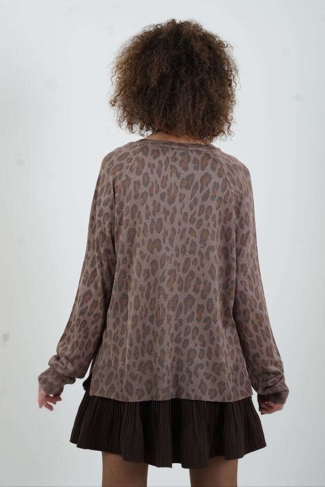 Vizon Bisiklet Yaka Leopar Baskılı Triko Kazak