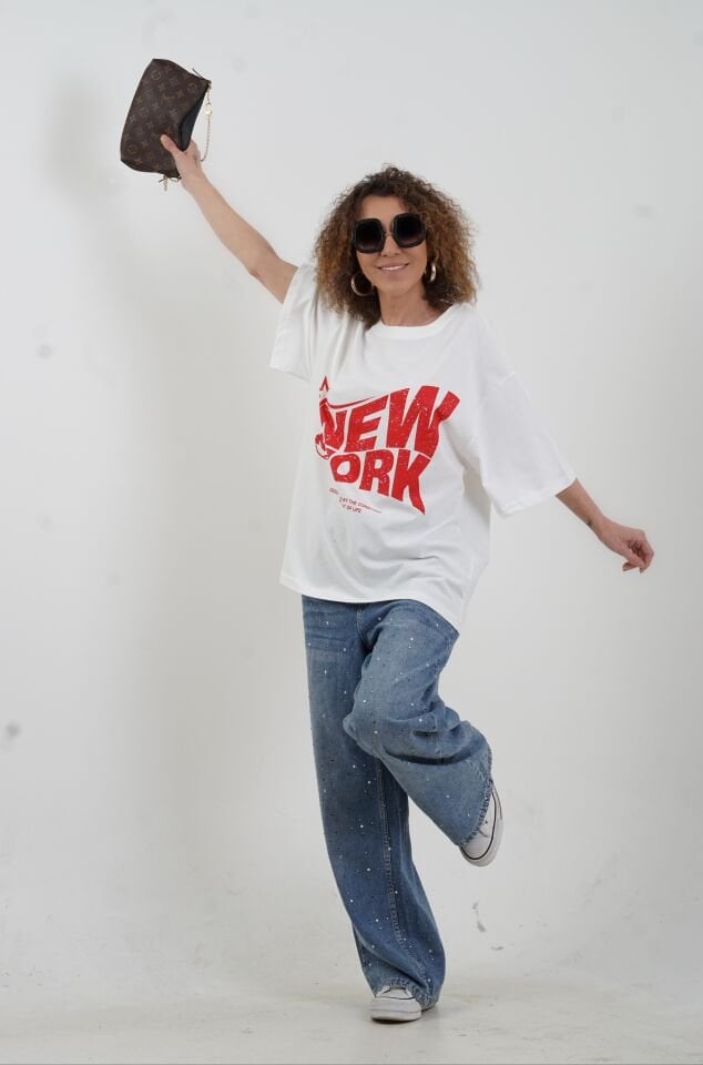 Beyaz New York Baskılı Oversize Tshirt