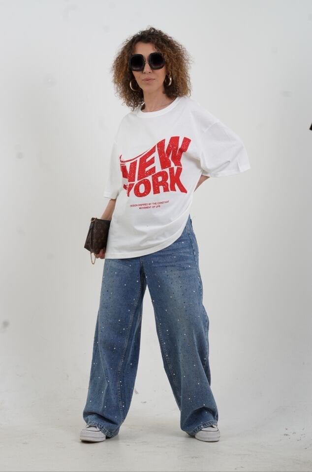 Beyaz New York Baskılı Oversize Tshirt