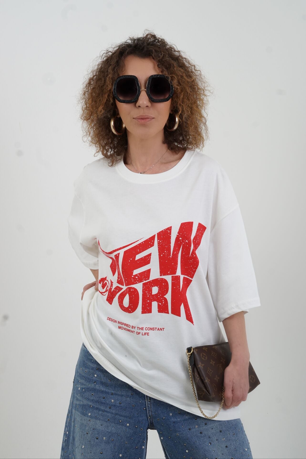 Beyaz New York Baskılı Oversize Tshirt