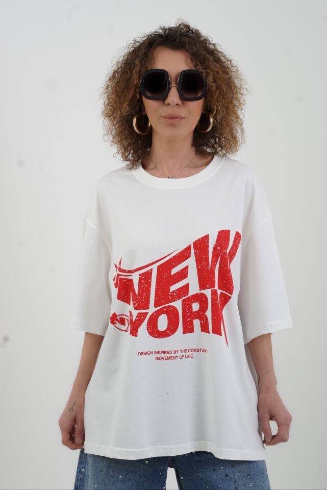 Beyaz New York Baskılı Oversize Tshirt
