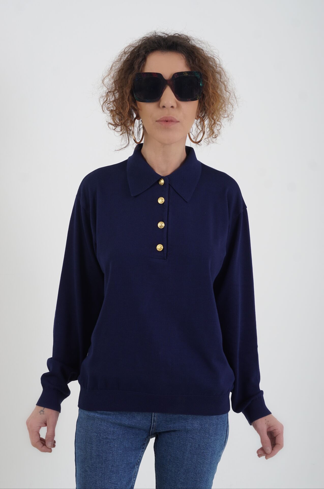 Lacivert Gold Düğmeli Polo Yaka  Kazak