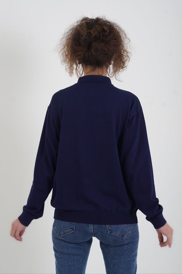 Lacivert Gold Düğmeli Polo Yaka  Kazak