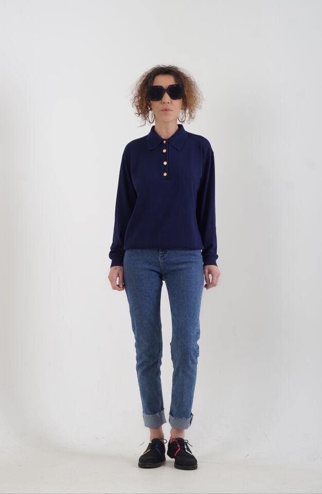 Lacivert Gold Düğmeli Polo Yaka  Kazak