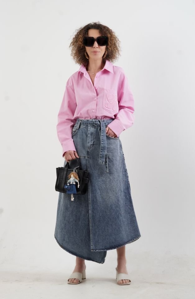 Mavi Beli Lastikli Evaze Denim Etek