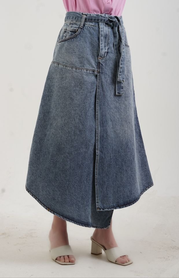 Mavi Beli Lastikli Evaze Denim Etek