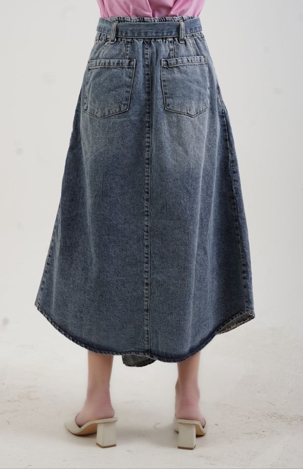 Mavi Beli Lastikli Evaze Denim Etek