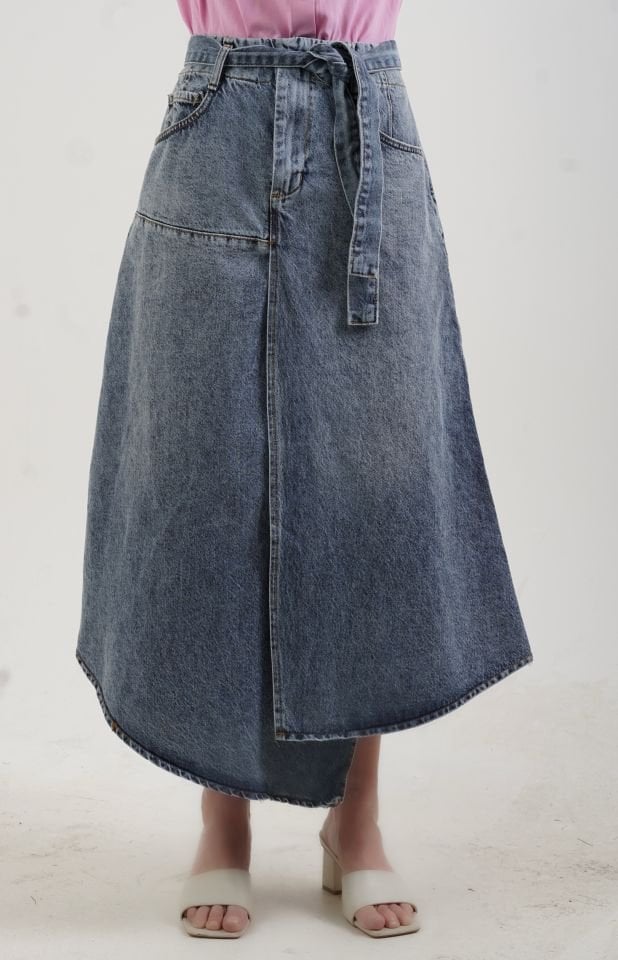 Mavi Beli Lastikli Evaze Denim Etek