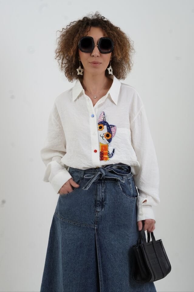 Mavi Beli Lastikli Evaze Denim Etek